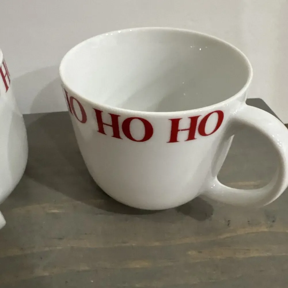 Crate & Barrel “HO HO HO” 12oz Mug Cup Red White Christmas Set Of 2